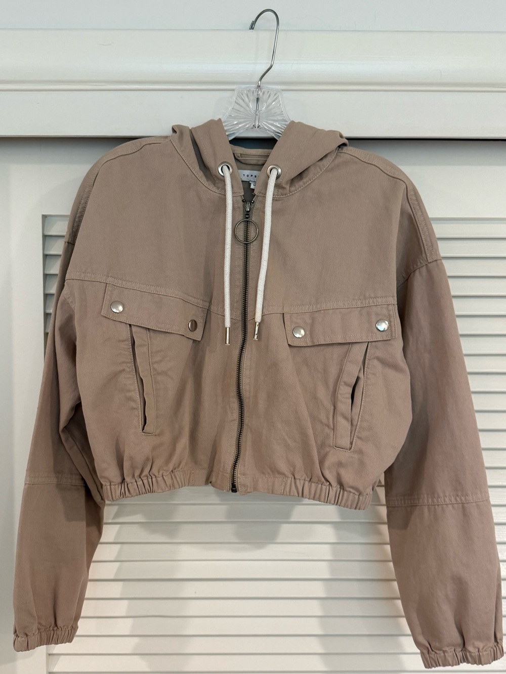 Topshop Cropped Hooded Jacket in Taupe - Women's Lightweight Zip-Up